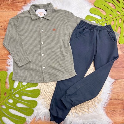 Conj. Camisa Manga Longa de Linho e Calça de Moletom - Verde Musgo e Preto